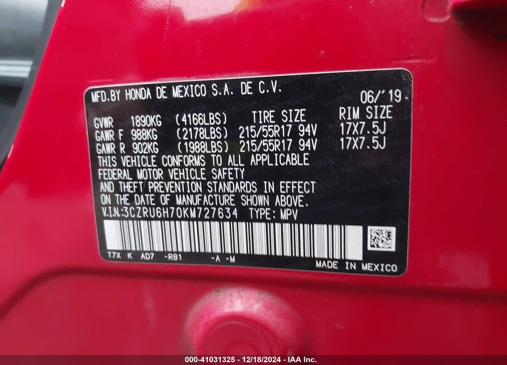 2019 HONDA HR-V EX-L VIN: 3CZRU6H70KM727634