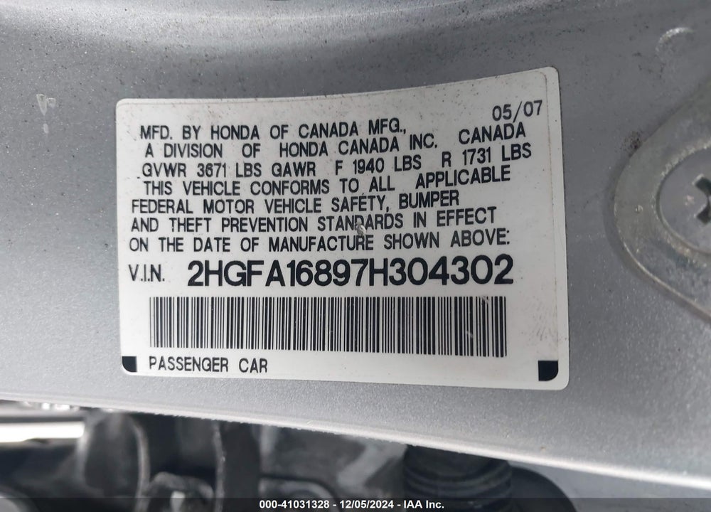 2007 HONDA CIVIC EX VIN: 2HGFA16897H304302
