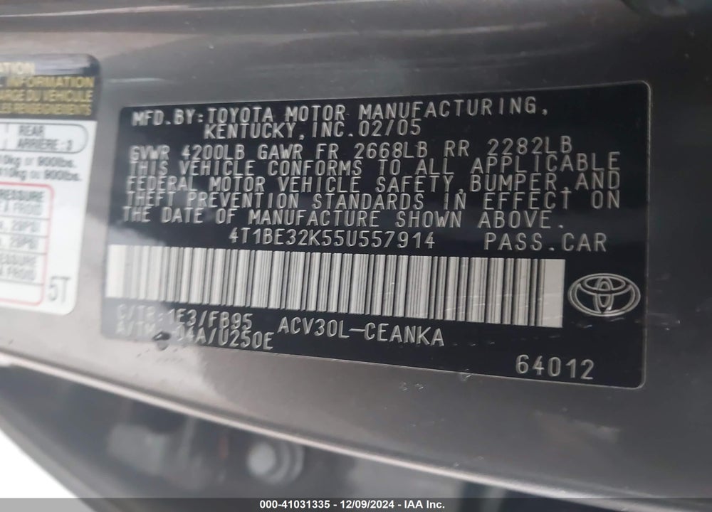 2005 TOYOTA CAMRY STD/ VIN: 4T1BE32K55U557914
