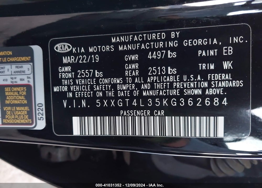 2019 KIA OPTIMA LX VIN: 5XXGT4L35KG362684