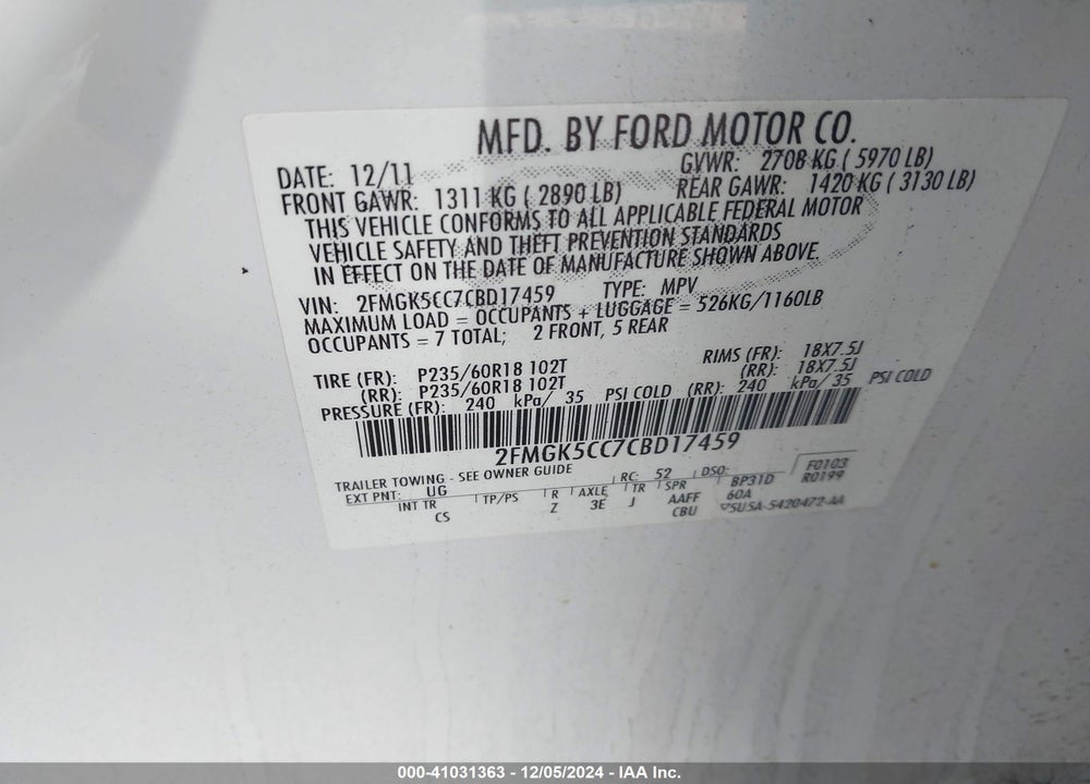 2012 FORD FLEX SEL VIN: 2FMGK5CC7CBD17459
