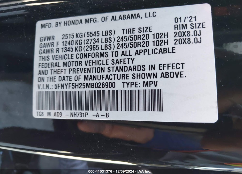 2021 HONDA PILOT 2WD SPECIAL EDITION VIN: 5FNYF5H25MB026900