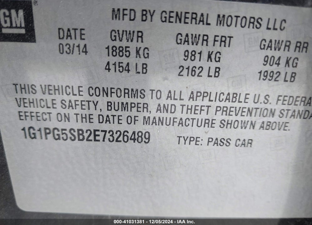 2014 CHEVROLET CRUZE LTZ VIN: 1G1PG5SB2E7326489