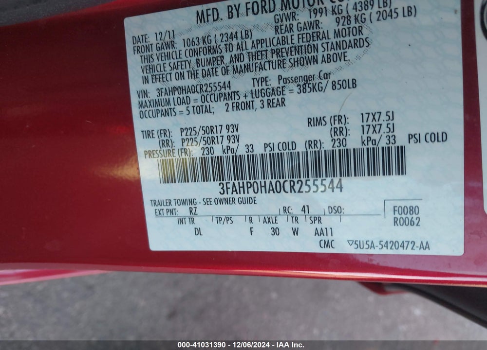 2012 FORD FUSION SE VIN: 3FAHP0HA0CR255544