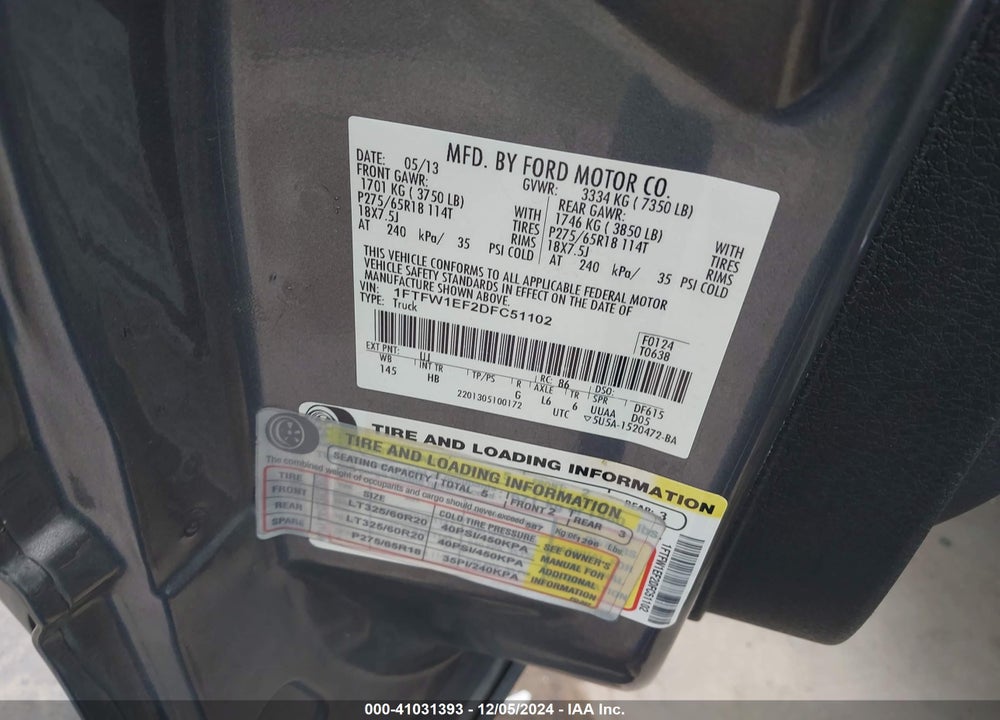 2013 FORD F150 VIN: 1FTFW1EF2DFC51102