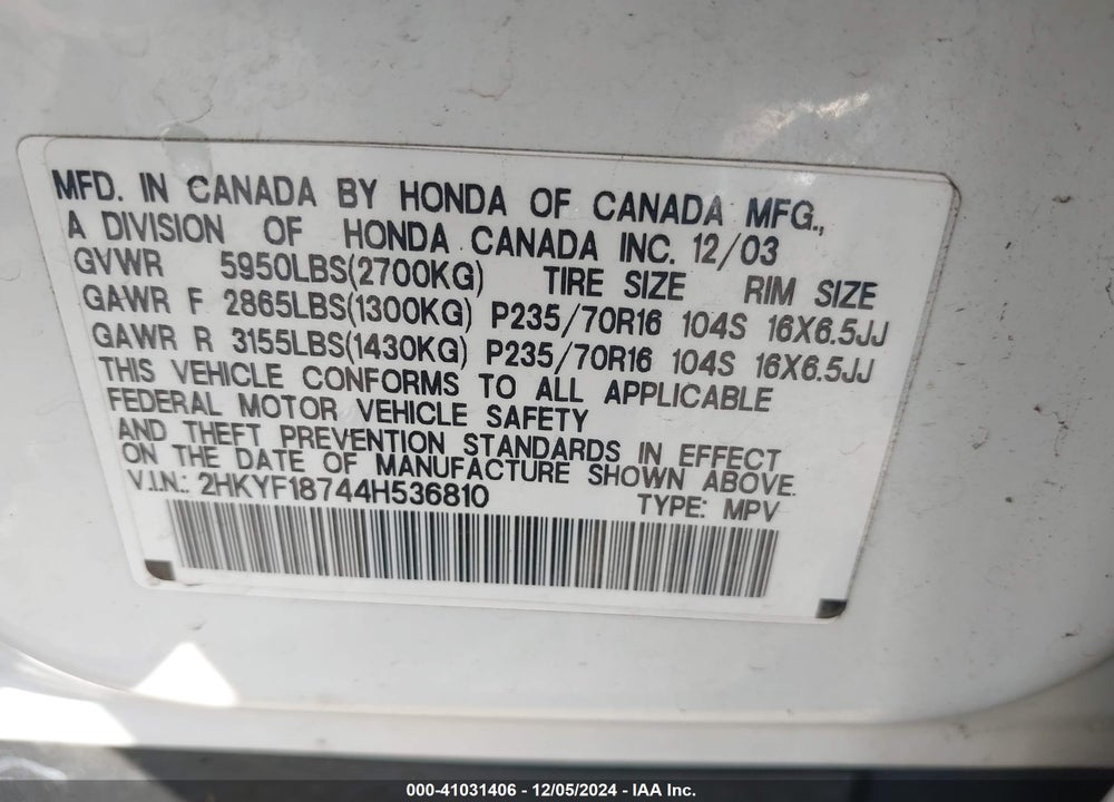 2004 HONDA PILOT EX-L VIN: 2HKYF18744H536810