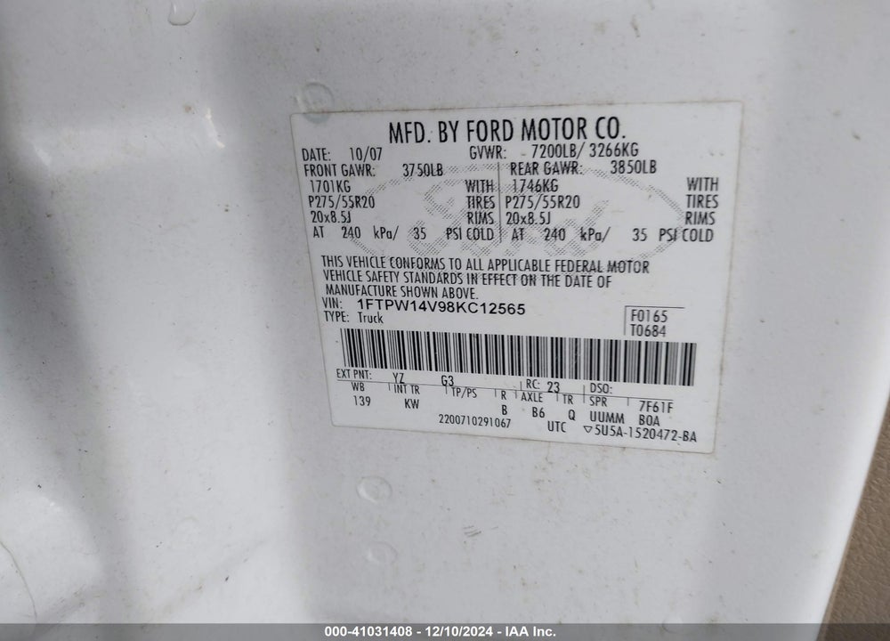 2008 FORD F-150 60TH ANNIVERSARY/FX4/KING RANCH/LARIAT/XLT VIN: 1FTPW14V98KC12565