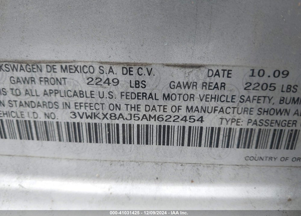 2010 VOLKSWAGEN JETTA S VIN: 3VWKX8AJ5AM622454