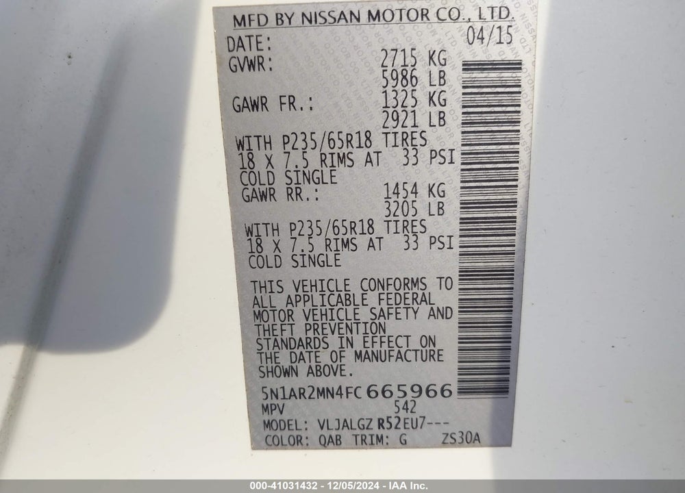 2015 NISSAN PATHFINDER SL VIN: 5N1AR2MN4FC665966