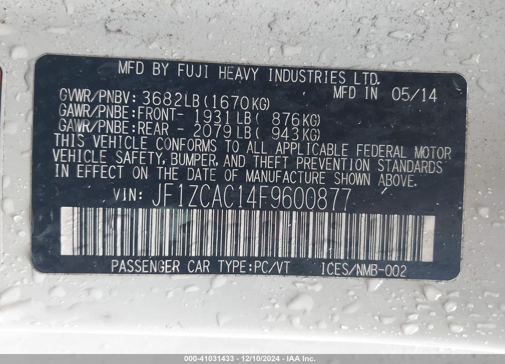 2015 SUBARU BRZ VIN: JF1ZCAC14F9600877