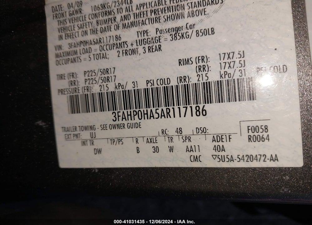 2010 FORD FUSION SE VIN: 3FAHP0HA5AR117186