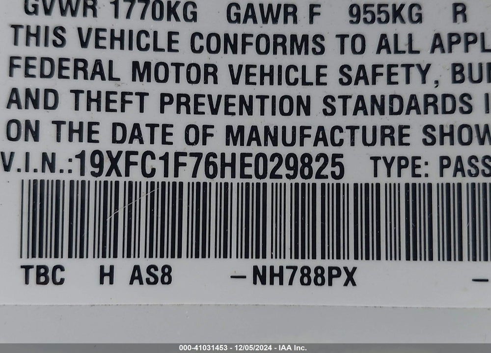 2017 HONDA CIVIC EX-L VIN: 19XFC1F76HE029825