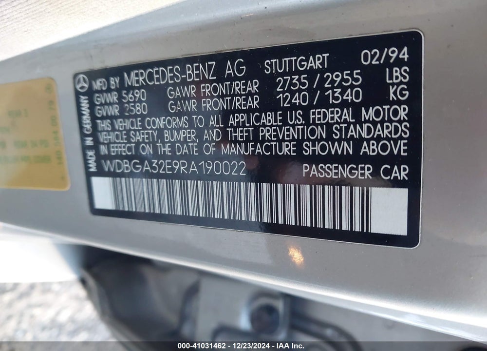 1994 MERCEDES-BENZ S 320 VIN: WDBGA32E9RA190022