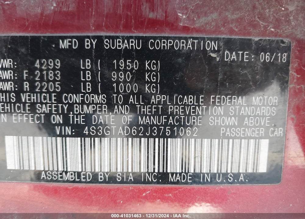 2018 SUBARU IMPREZA VIN: 4S3GTAD62J3751062
