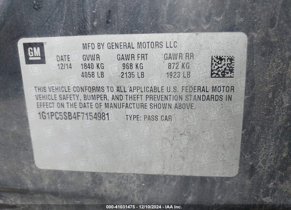 2015 CHEVROLET CRUZE 1LT AUTO VIN: 1G1PC5SB4F7154981