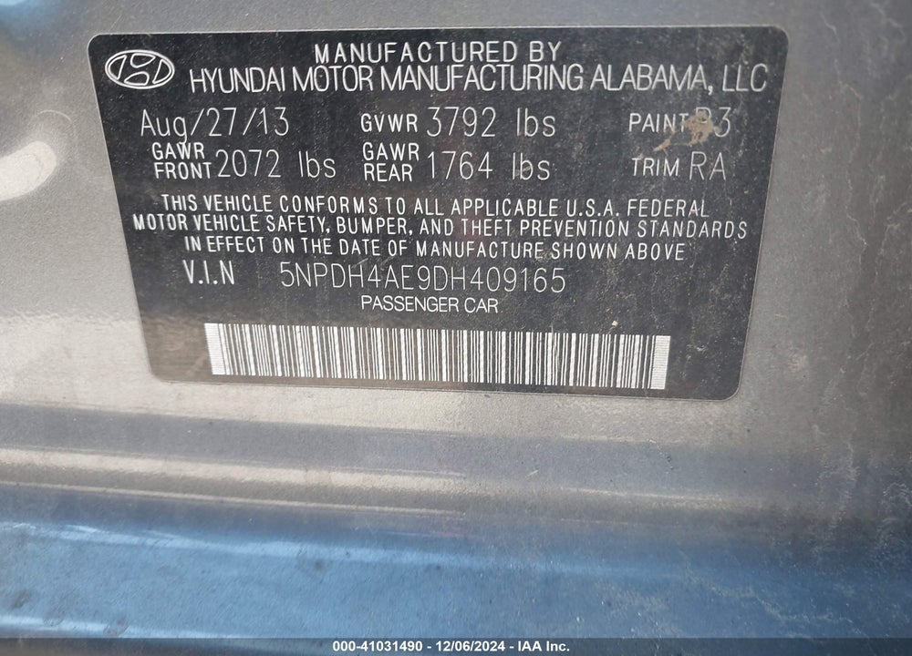 2013 HYUNDAI ELANTRA GLS VIN: 5NPDH4AE9DH409165