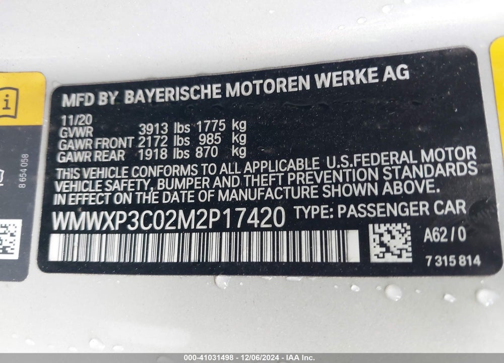 2021 MINI SE HARDTOP COOPER VIN: WMWXP3C02M2P17420