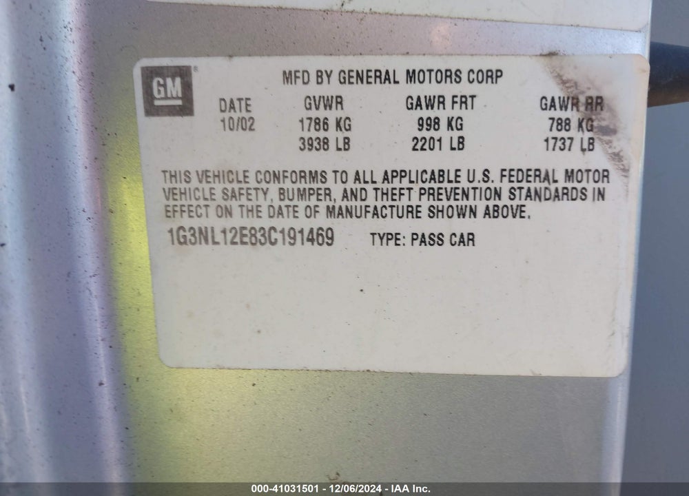 2003 OLDSMOBILE ALERO GL1 VIN: 1G3NL12E83C191469