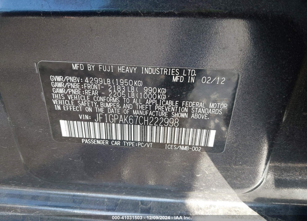 2012 SUBARU IMPREZA 2.0I LIMITED VIN: JF1GPAK67CH222998