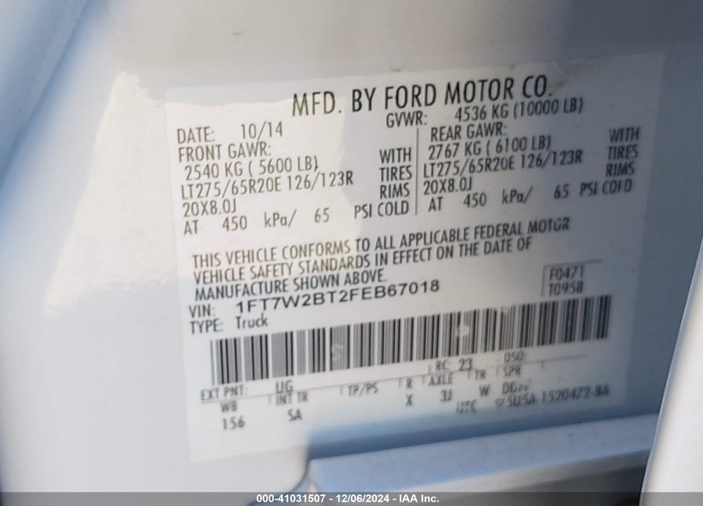 2015 FORD F-250 LARIAT VIN: 1FT7W2BT2FEB67018