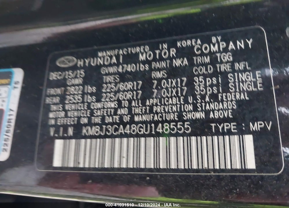 2016 HYUNDAI TUCSON SE VIN: KM8J3CA48GU148555