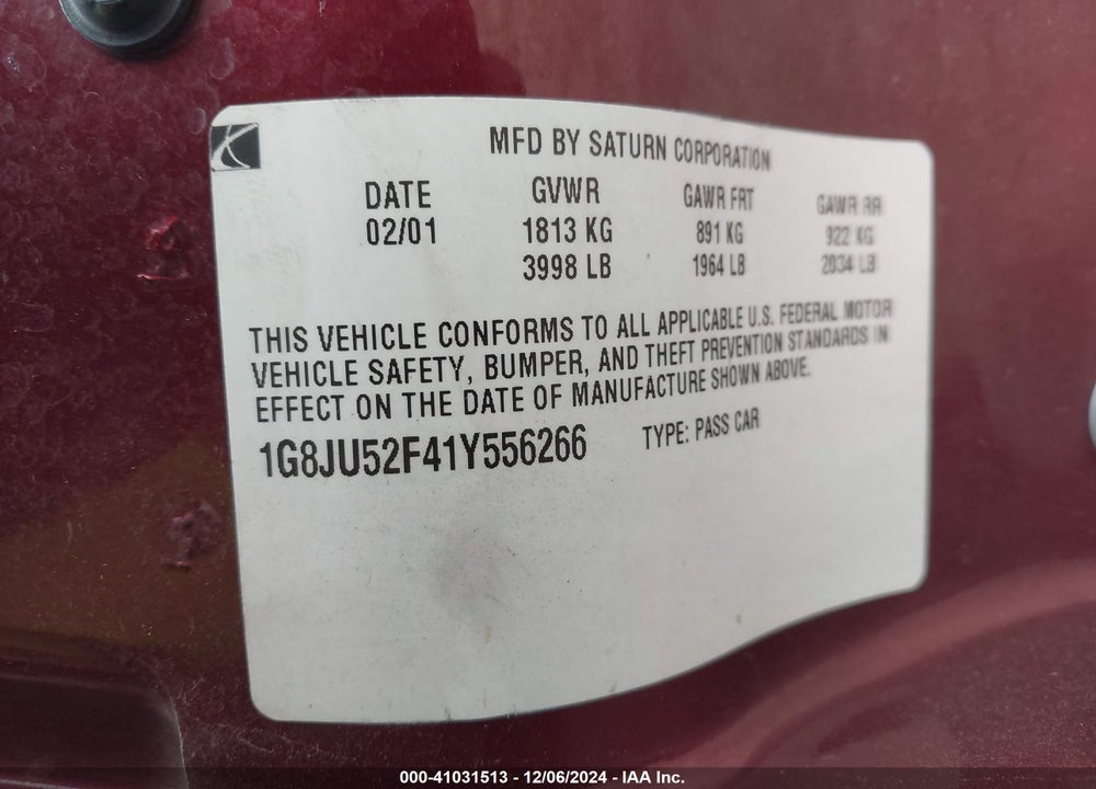 2001 SATURN L200 VIN: 1G8JU52F41Y556266