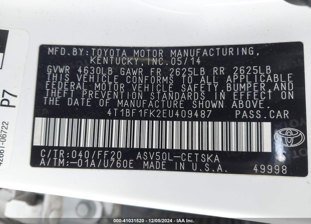 2014 TOYOTA CAMRY SE VIN: 4T1BF1FK2EU409487