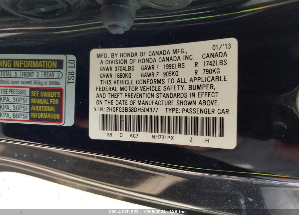 2013 HONDA CIVIC LX VIN: 2HGFG3B58DH504377