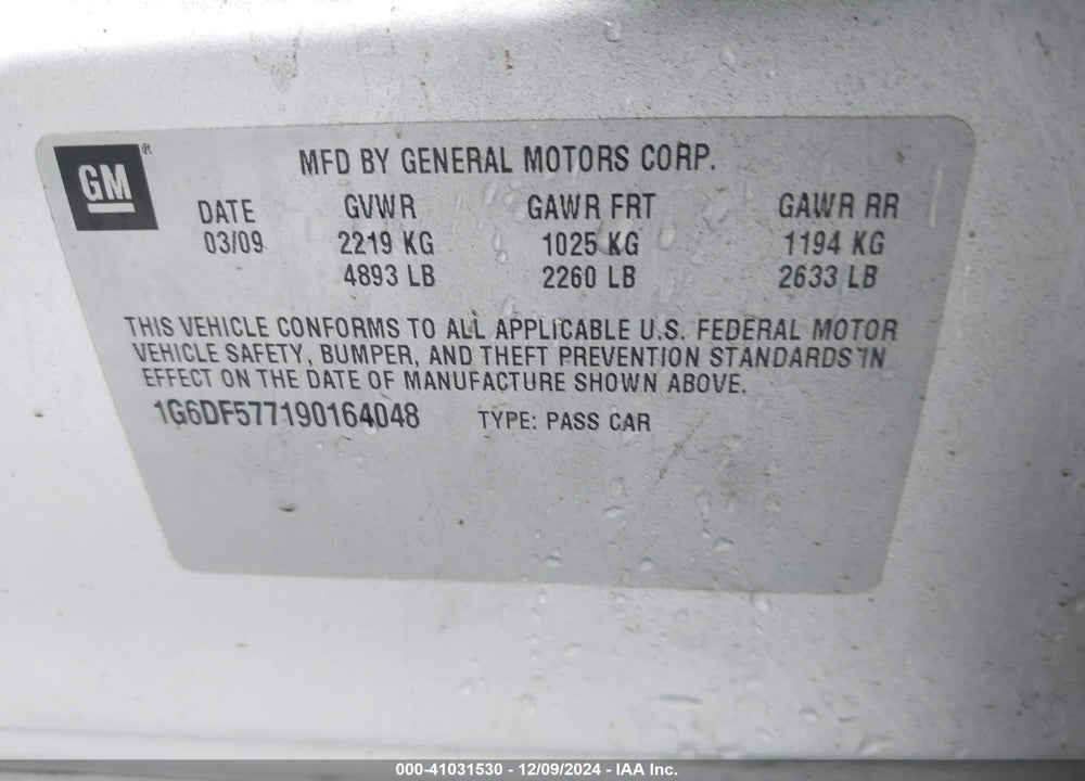 2009 CADILLAC CTS STANDARD VIN: 1G6DF577190164048