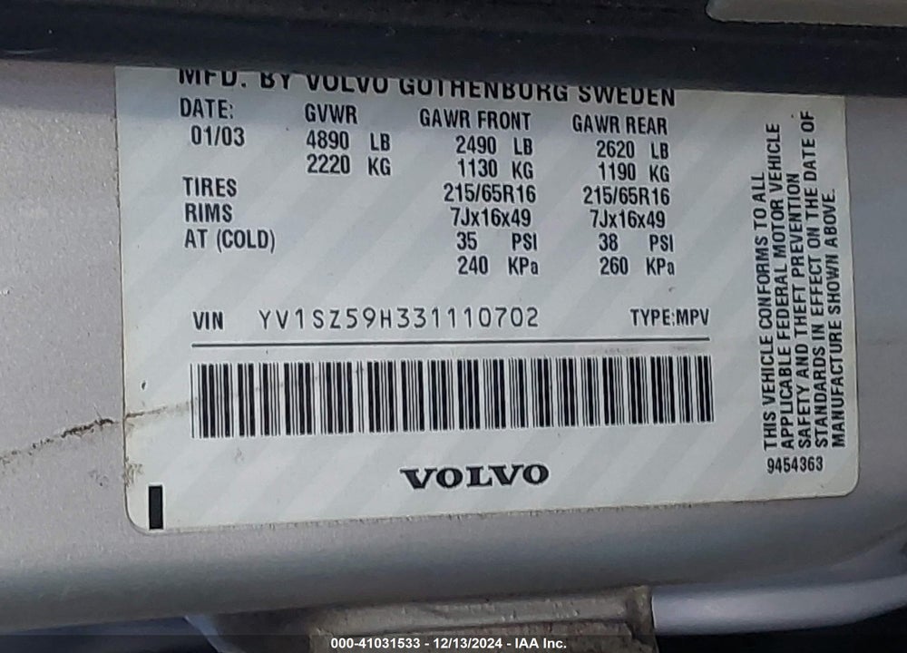 2003 VOLVO XC70 2.5T VIN: YV1SZ59H331110702