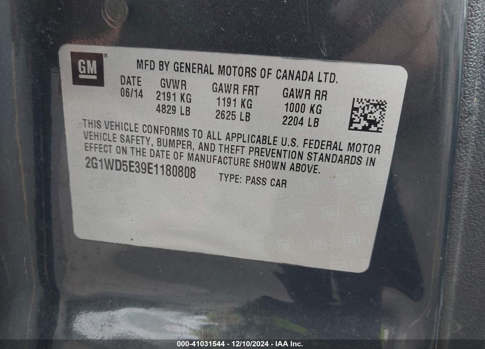 2014 CHEVROLET IMPALA LIMITED POLICE VIN: 2G1WD5E39E1180808