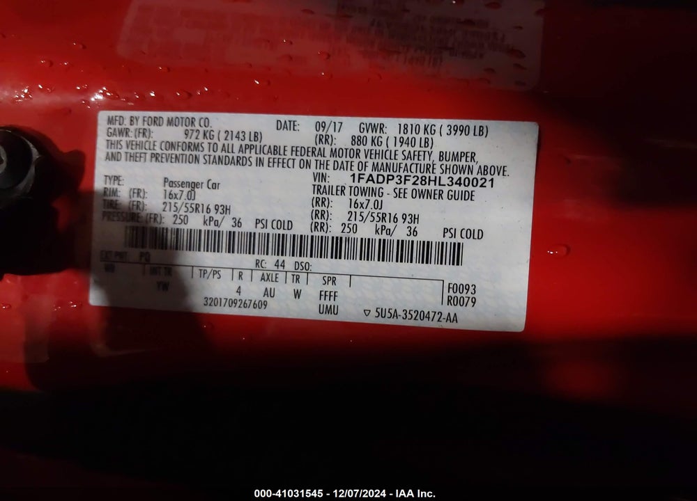 2017 FORD FOCUS SE VIN: 1FADP3F28HL340021