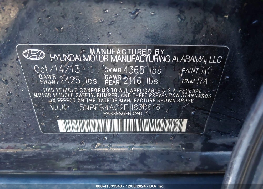 2014 HYUNDAI SONATA GLS VIN: 5NPEB4AC2EH830618