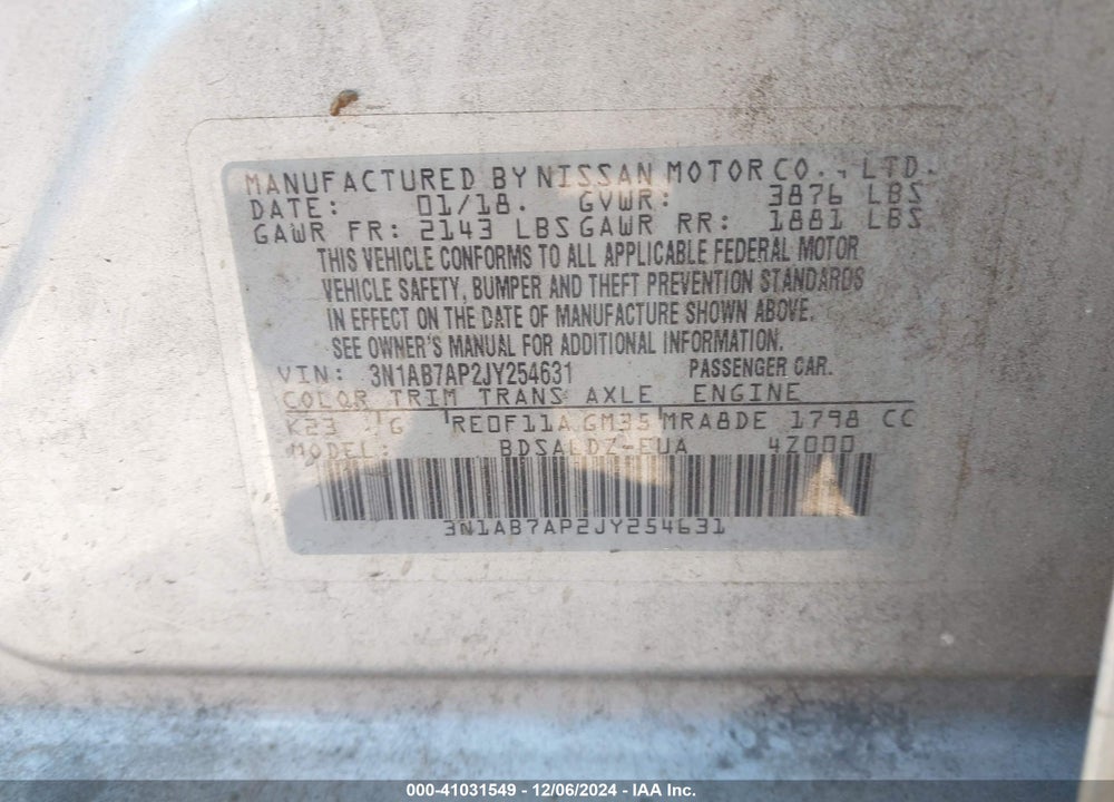 2018 NISSAN SENTRA SV VIN: 3N1AB7AP2JY254631