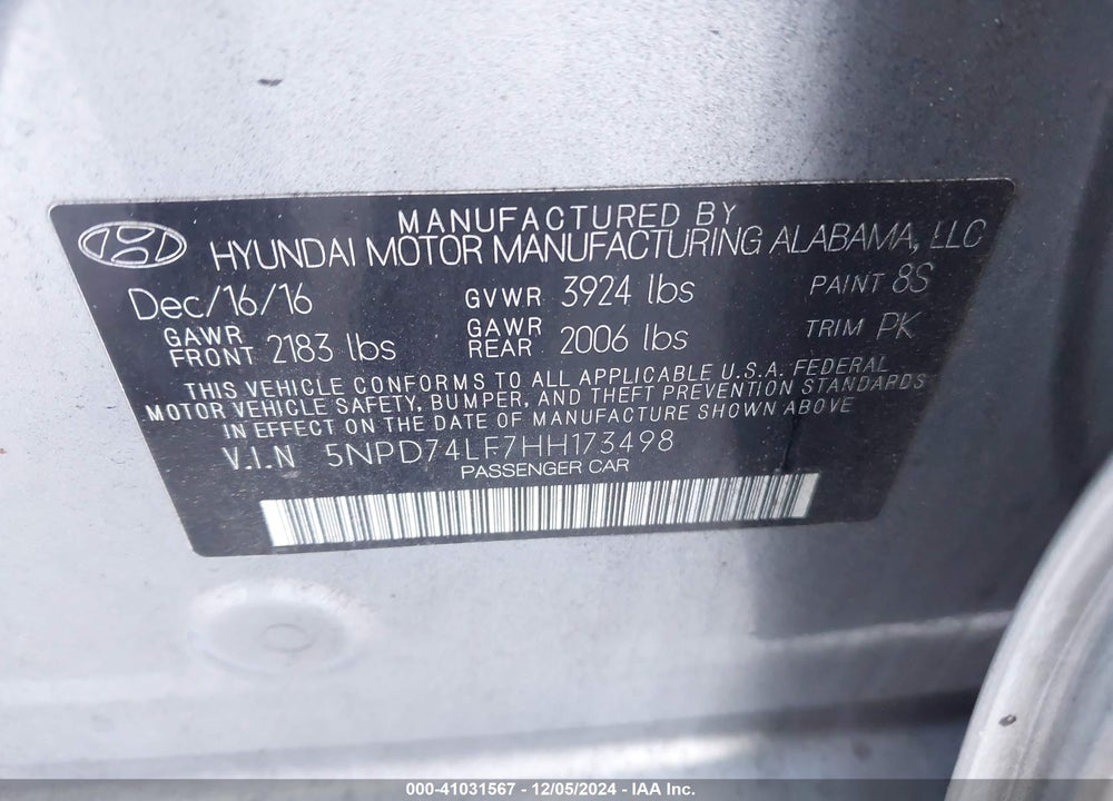 2017 HYUNDAI ELANTRA SE VIN: 5NPD74LF7HH173498