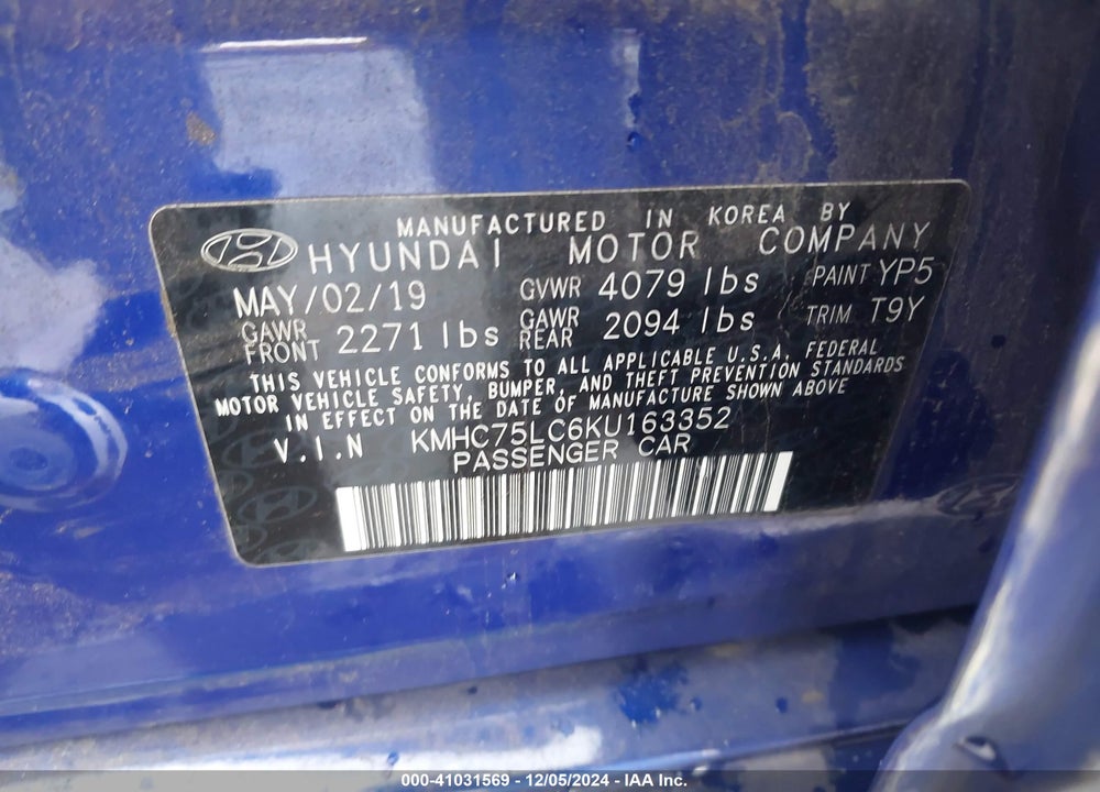 2019 HYUNDAI IONIQ HYBRID SEL VIN: KMHC75LC6KU163352