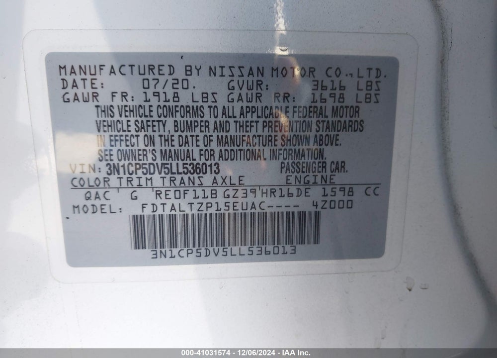 2020 NISSAN KICKS SR XTRONIC CVT VIN: 3N1CP5DV5LL536013