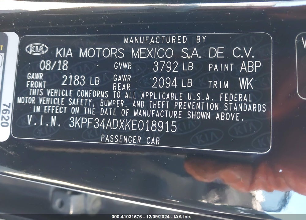 2019 KIA FORTE S VIN: 3KPF34ADXKE018915