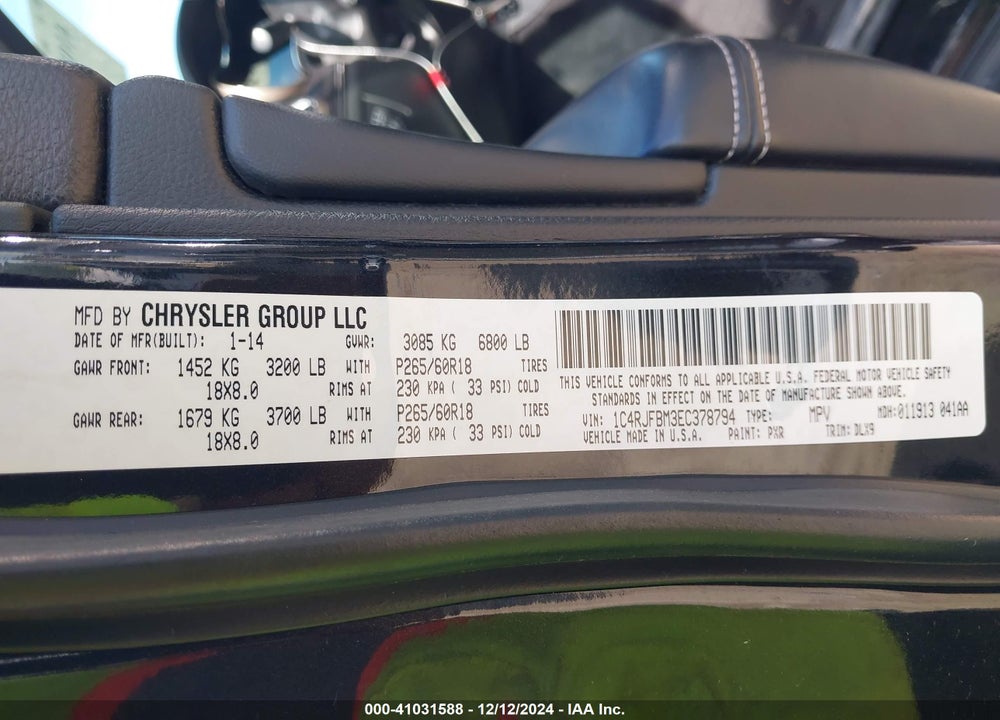 2014 JEEP GRAND CHEROKEE VIN: 1C4RJFBM3EC378794