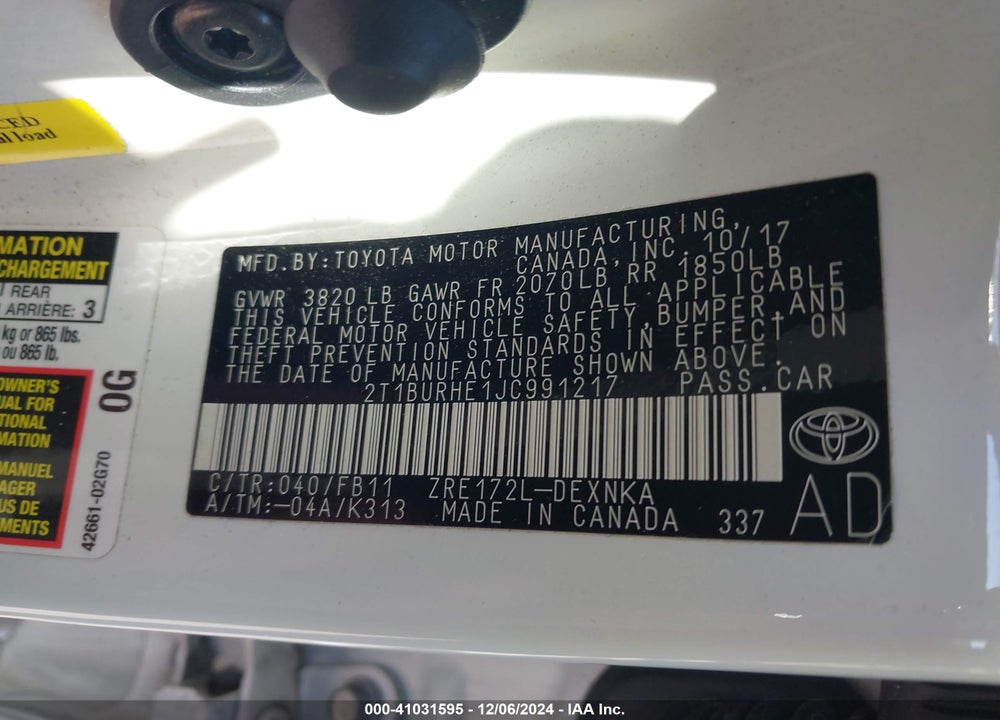 2018 TOYOTA COROLLA LE VIN: 2T1BURHE1JC991217