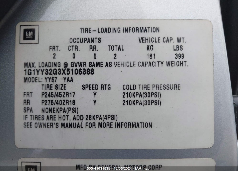 1999 CHEVROLET CORVETTE VIN: 1G1YY32G3X5106388