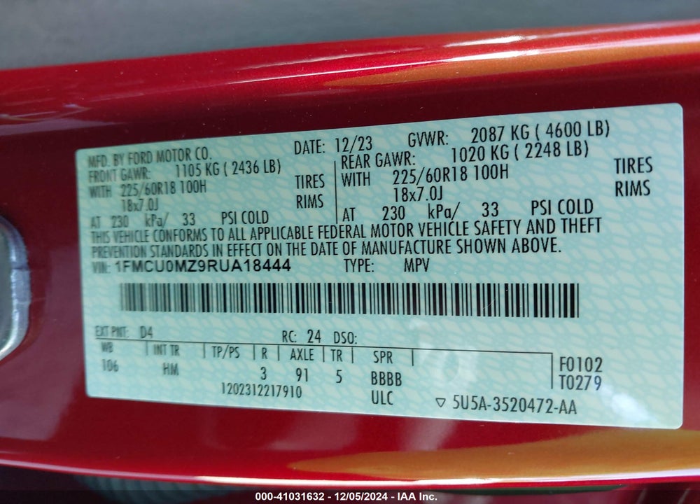 2024 FORD ESCAPE ST LINE VIN: 1FMCU0MZ9RUA18444