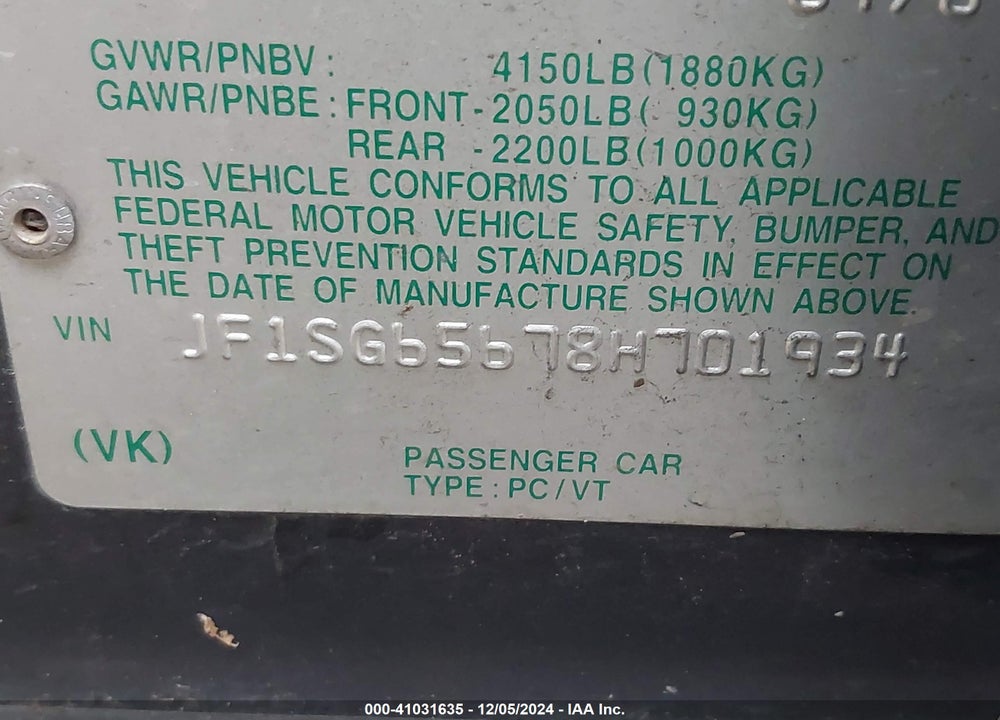 2008 SUBARU FORESTER 2.5X VIN: JF1SG65678H701934