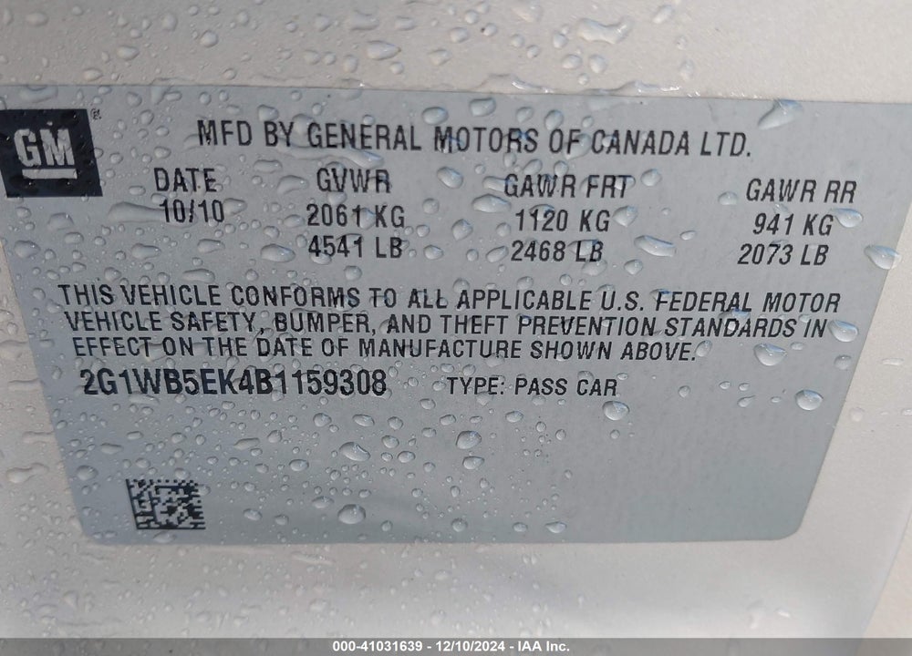 2011 CHEVROLET IMPALA LT VIN: 2G1WB5EK4B1159308