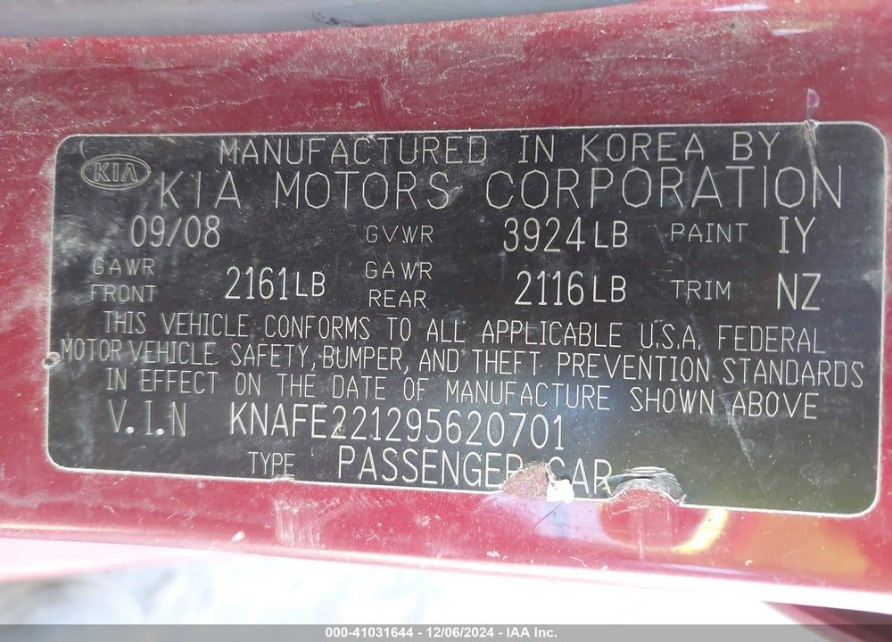 2009 KIA SPECTRA EX VIN: KNAFE221295620701