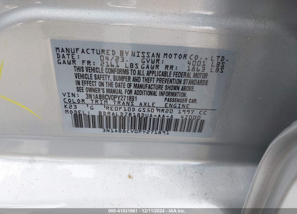2023 NISSAN SENTRA SV XTRONIC CVT VIN: 3N1AB8CV0PY271891