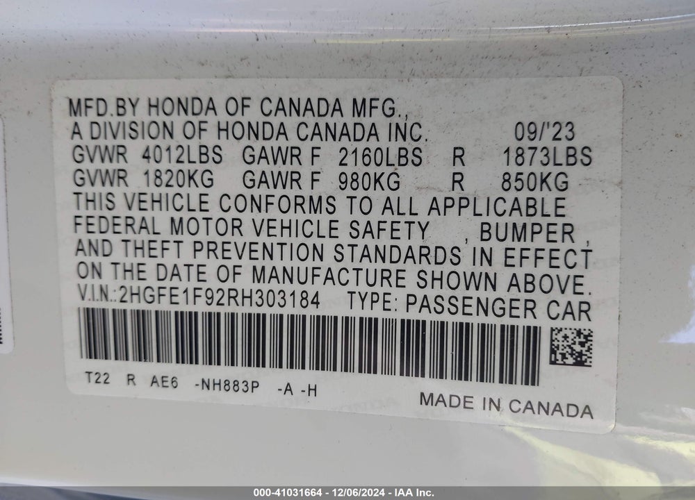 2024 HONDA CIVIC TOURING VIN: 2HGFE1F92RH303184
