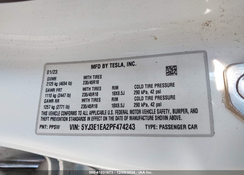 2023 TESLA MODEL 3 REAR-WHEEL DRIVE VIN: 5YJ3E1EA2PF474243