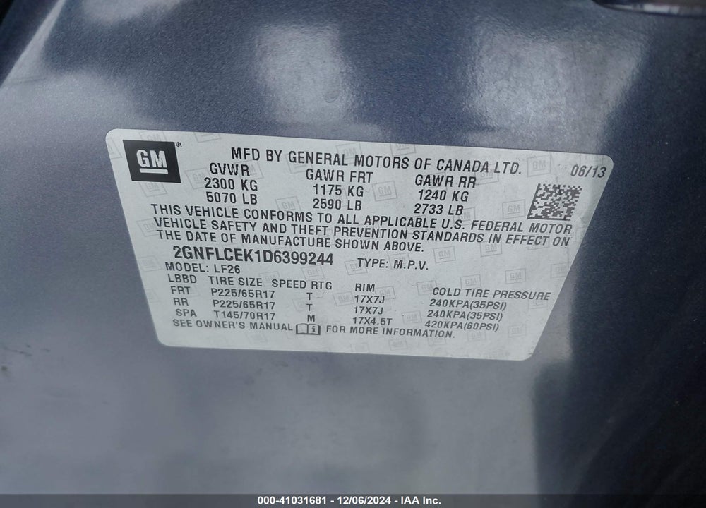 2013 CHEVROLET EQUINOX LS VIN: 2GNFLCEK1D6399244