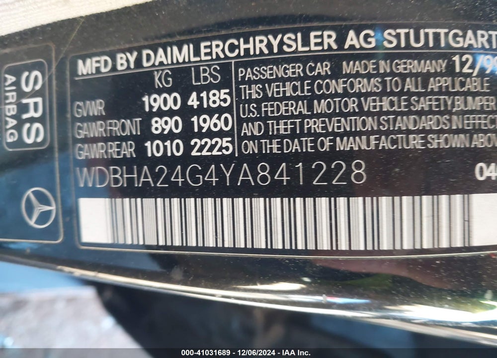 2000 MERCEDES-BENZ C 230 KOMPRESSOR VIN: WDBHA24G4YA841228